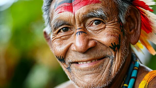 An elderly man with traditional tribal markings smiles warmly in the Amazon rainforest