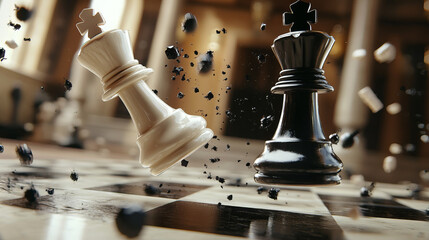 White king chess pieces conquer black king chess pieces on the chessboard, symbolizing leadership, strategy, battle, triumph, and defeat.