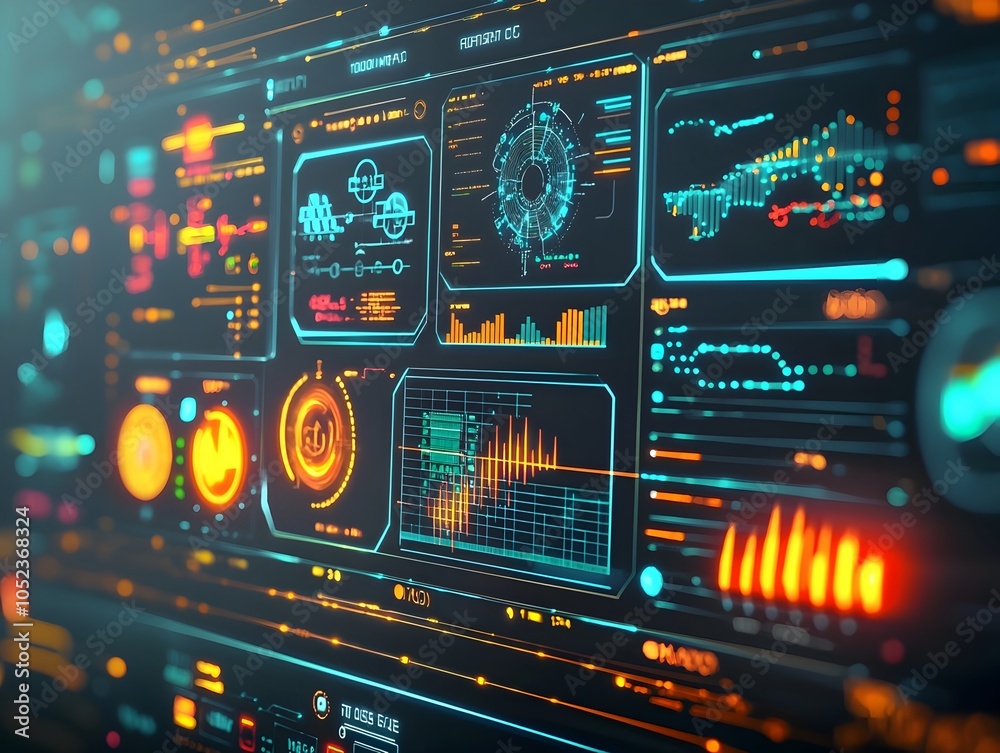 Poster holographic control panel displaying real time data from smart grid with dynamic energy flow visuali