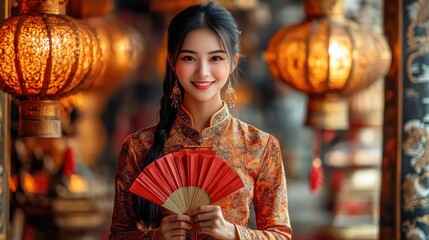 A young woman in a traditional Chinese dress smiles warmly at the camera, holding a red fan.