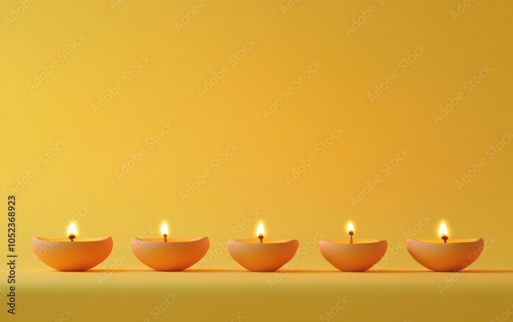 Wall mural a beautifully composed ultra-realistic image of five luminous clay lamps on a simple table, set agai