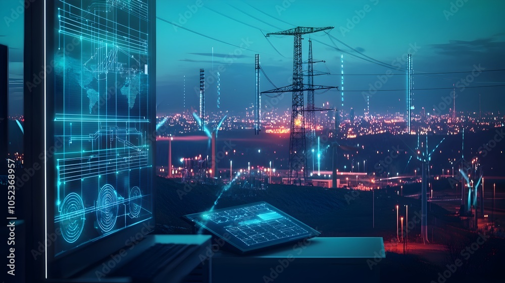 Poster smart grid command center monitoring energy usage across an entire region with renewable and grid st