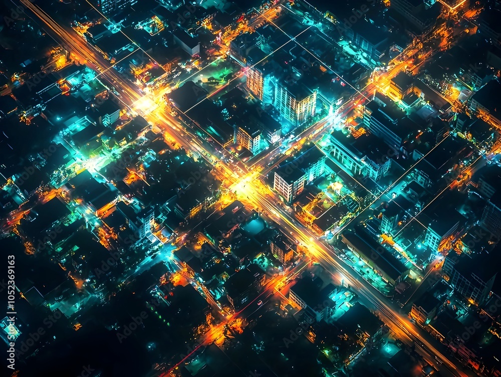 Canvas Prints aerial view of a smart city glowing with efficiently distributed energy on a vibrant night