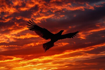 Fototapeta premium Majestic Phoenix Soars in Fiery Sunset Sky