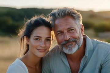 This captures a smiling man and woman enjoying the serene outdoor scenery together, as the soft, warm glow of sunset surrounds them in a peaceful moment.
