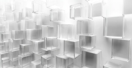 3D rendering of white transparent glass cubes on white background, white soft abstract buissness background	