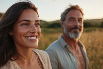 Obraz premium A smiling woman and a gray-haired man are captured blissfully walking through a picturesque field during the glorious golden hour of sunset.