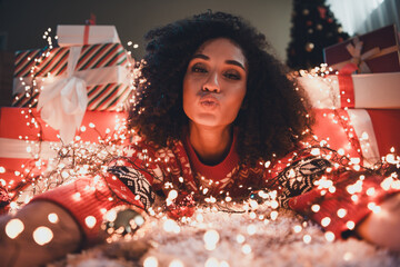 Photo of nice young girl kissing take selfie photo wear ornament clothes enjoy cozy christmas...
