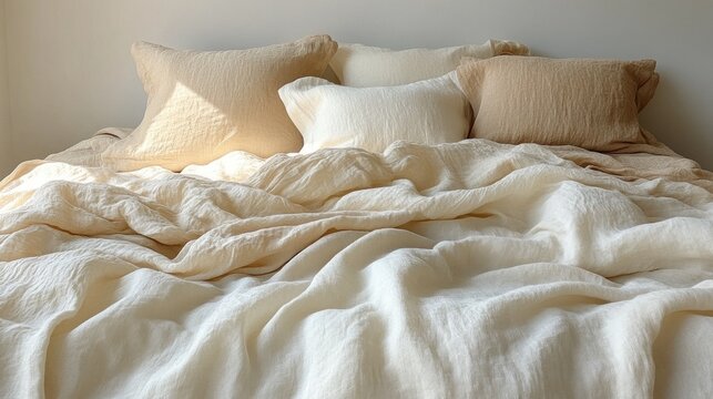Cozy Beige and Cream Bed with Fluffy Pillows and Soft Linens