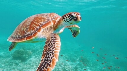 Fototapeta premium Graceful Turtle Gliding Above Coral Reef