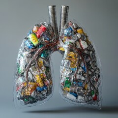 Transparent Lung Sculpture Filled with Plastic Waste and Cans Highlighting Pollution and Environmental Crisis