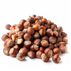 Fototapeta premium Hazelnuts with a shell on a white background forming a small mountain of nuts