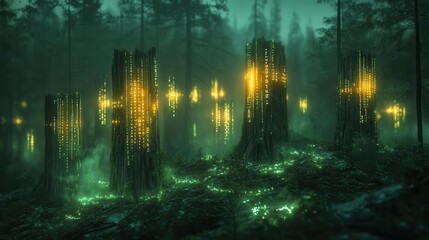 Obraz premium stumps scattered across a digital landscape, merging with neon grids and binary code, creating an eerie, cybernetic forest. hints of bioluminescent plants glow in the twilight
