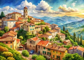 Enchanting Italian Landscape: Watercolor Panorama of a Hillside Town - Serene Art Postcard Capture