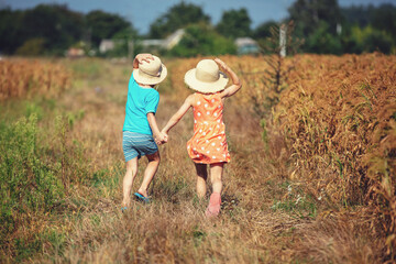Little girl and boy in straw hats running in the field. The boy and girl are holding hands