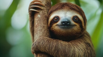 Fototapeta premium Sloth Hanging Lazily from Tree Branch