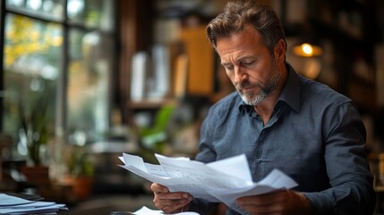 Focused Middle-Aged Man Reviewing Documents in a Cozy, Sunlit Workspace