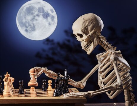 Un esqueleto jugando al ajedrez