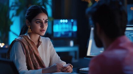 Naklejka premium Serious indian mentor worker talk to female colleague teach intern