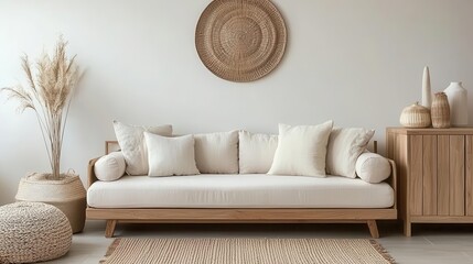 Light wood furniture in charming living room, minimal style, cozy and inviting