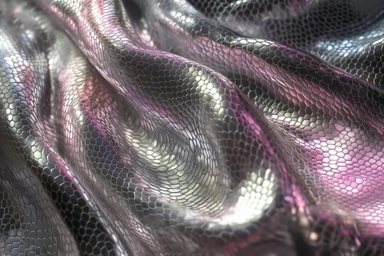 Reprile skin. Draped metallic fabric with snake-like scales in silver and pink hues, creating a luxurious, reflective texture with flowing, iridescent highlights