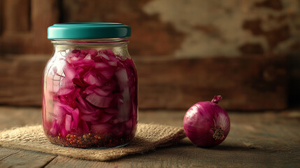 Pickled Red Onions in Glass Jar on Rustic Wooden Table