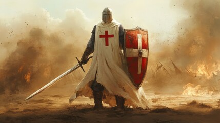 Knight Templar wearing a white cloak with a red cross, holding a broadsword and a large shield, standing on a desert battlefield under a burning midday sun.