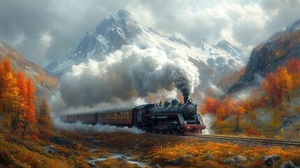 Fototapeta premium A steam train chugging through a mountainous landscape, with billowing clouds of smoke and steam.