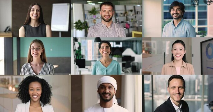 Group of young ambitious multicultural business people, staff members posing for camera at workplace, feeling satisfaction with career in company, promotion, opportunities, video call app collage view