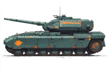 Obraz premium Military Tank Illustration Side View Green and Orange Camouflage War Machine Armored