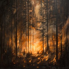 Obraz premium Wildfire engulfing a dense forest with bright flames and thick smoke during the evening twilight creating a dramatic and haunting atmosphere