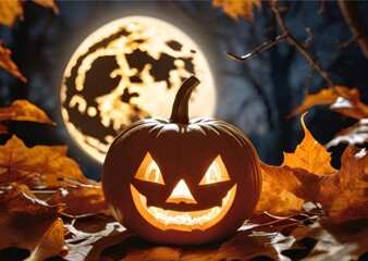 Halloween holiday, autumn landscape, glowing pumpkin with candles on the background of the moon on