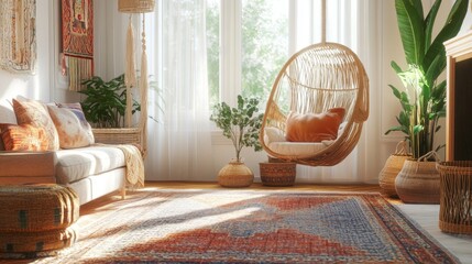 Living room with rattan swing chair, layered rugs with different textures, and a mix of bold warm-colored textiles throughout the room