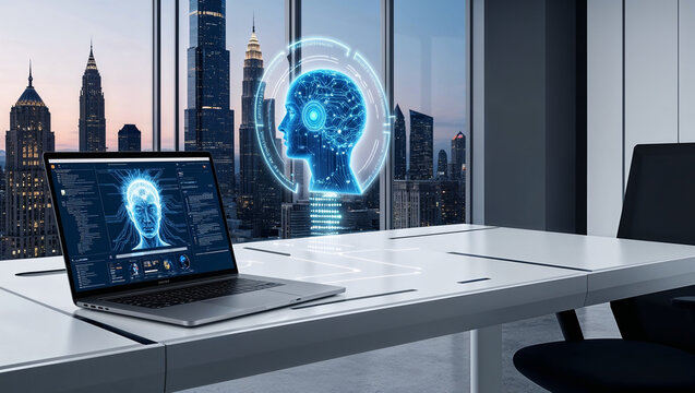 Future Office, Laptop on Desk, AI compamion 