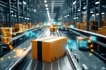 Obraz premium Packages moving on conveyor belts in a modern warehouse setting.