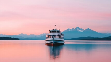Obraz premium Scenic Boat Tour with Mountain Backdrop at Sunset