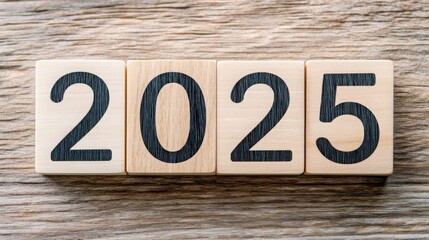 Fototapeta premium Handcrafted Wooden Cubes Displaying Year 2025