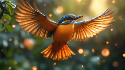 Fototapeta premium A tropical bird in mid-flight, with vibrant feathers capturing the essence of a rainforest.