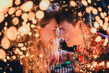 Photo of nice young couple smile touch forehead wear christmas clothes enjoy cozy x-mas party...