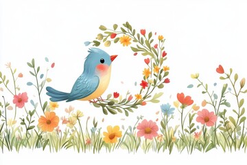 Obraz premium Cute Blue Bird in a Floral Wreath with Spring Flowers