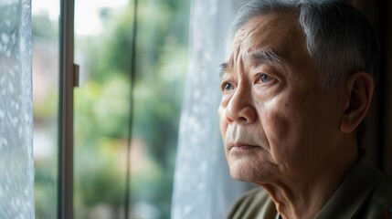Fototapeta premium elderly asian man gazing out a window in a nursing home, expression filled with sadness and longing, soft natural light highlighting his features, evoking feelings of isolation and reflection