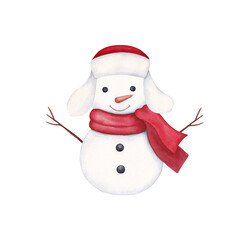 Cute snowman in a red scarf and hat. Watercolor hand-drawn illustration isolated on white background.