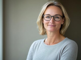 Fototapeta premium Confident woman with glasses smiling in a modern indoor setting.