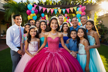Portrait of Hispanic teenager girl at her quinceanera with family in backyard