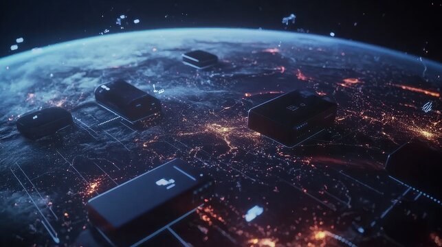Tech devices and icons connected to digital planet earth