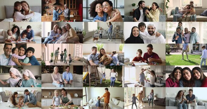 Collage of multicultural families, including different ethnicities and age groups, enjoy communication, harmonic relations, hugging, share happy priceless moments together. Bonding, love, togetherness