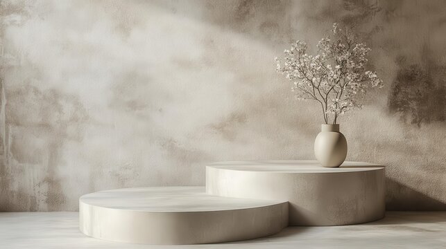 elegant beige podium pedestal set against a textured backdrop, showcasing luxurious minimalism with soft shadows and a modern, sophisticated feel, perfect for product display