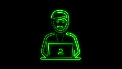 tech-inspired aesthetic. tech-inspired aesthetic. The background is dark, which enhances the glow of the neon colors. a neon-style illustration of a person sitting at a laptop. The figure is outlined.