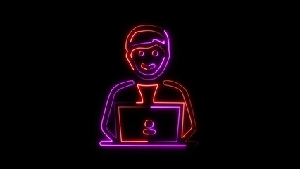 tech-inspired aesthetic. tech-inspired aesthetic. The background is dark, which enhances the glow of the neon colors. a neon-style illustration of a person sitting at a laptop. The figure is outlined.