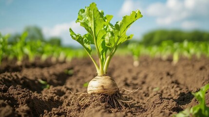 Sugar Beet Plant in Field. Agriculture Season: Closeup of Young Beet Growing on Farm Land